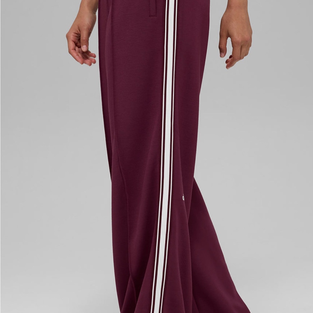 NWT Alo Track Star Wide Leg Pant. Burgundy Wide-Leg Pants with White Stripes - Picture 6 of 8